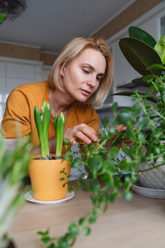 A nice woman in a yellow jacket takes care of house plants.