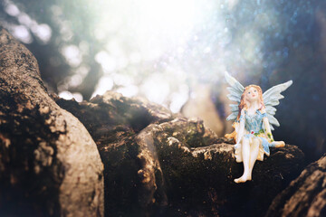 image of magical little fairy in the forest sitting on the tree