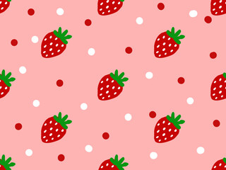Strawberry cartoon character seamless pattern on red background.