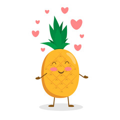 Funny pineapple with cute hearts. Cartoon character.