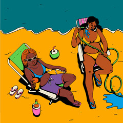 Two friends tanning at the beach