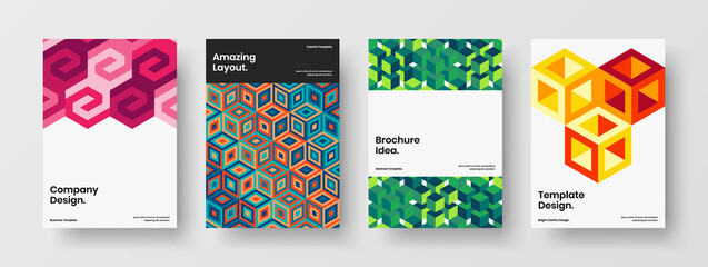 Unique company brochure A4 vector design concept set. Bright mosaic hexagons poster template composition.