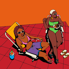 Two friends tanning on a rooftop
