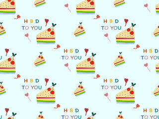 cake cartoon character seamless pattern on blue background.
