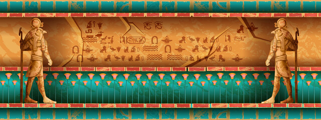 Egypt temple wall, vector Egyptian tomb background, ancient pyramid interior, Horus statue, hieroglyphs. Old civilization stone palace room, archaeology mural illustration. Egypt history temple - obrazy, fototapety, plakaty