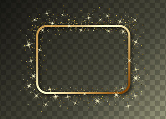 Golden  round cornered frame with shine glitter and glowing lights isolated on transparent background. Design elements for cards, invitations, posters and banners. - 494040883