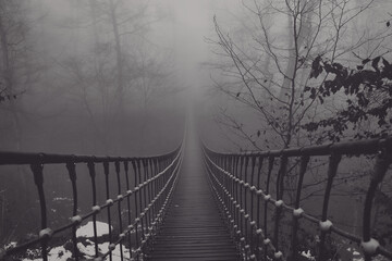 View of a suspension bridge in the fog