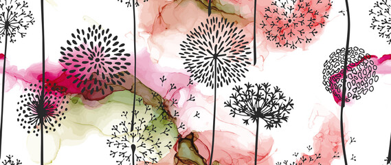 Modern creatief ontwerp, achtergrond marmeren textuur met paardebloem bloemen. Alcoholische inkt. Vector illustratie.