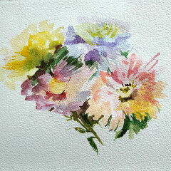 Abstract bright colored decorative background . Floral pattern handmade . Beautiful tender romantic bouquet of aster flowers , made in the technique of watercolors from nature.