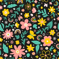 Foto op Canvas Cute botanical spring seamless repeat pattern. Random placed, hand drawn, vector flowers, leaves, branches, rainbows, butterflies, mushrooms and dots all over print on black background. © MoJX.Studio