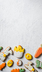 different types of Easter cookies. background with pastel color easter cookies background, flat banner copy space