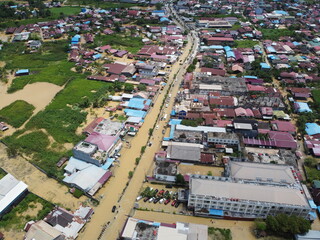 Aerial view of Situation Flood in sangatta city, east kutai, east Kalimantan, Indonesia in 21 March...