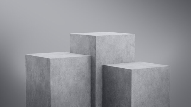 3d Rendering Of The Gray Stone Pedestal On Gray Background.