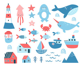Obraz na płótnie Canvas Scandinavian nordic set of marine elements. North sea bundle. Vector nautical collection.