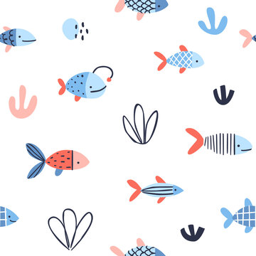 Abstract sea fish pattern. Doodle marine seamless vector print for fabric, textile, paper, nursery.