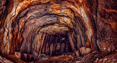 old abandoned copper and gold underground tunnel mine - obrazy, fototapety, plakaty