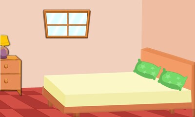 Interior room with table, Lamp, Flat cartoon vector illustration Cozy interior of children's room, furniture, window, aquarium. Teenager room with workplace 2d background for animation, Wallpaper
