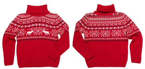 Kids warm Christmas turtleneck sweater front and back on white background