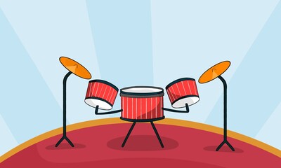 2D Red drum set crash base background Colorful 2d drums flat style 