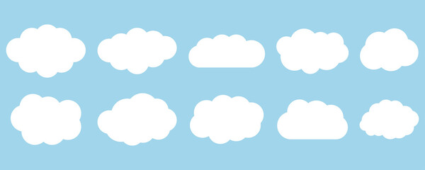 Abstract set with white clouds on blue background. Collection with cartoon clouds. Summer background.