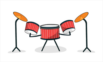 2D Red drum set crash base isolated on a white background Colorful 2d drums flat style vector illustration. Three Drums 2D Vector 