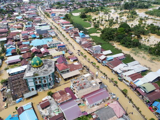 Aerial view of Situation Flood in sangatta city, east kutai, east Kalimantan, Indonesia in 21 March...