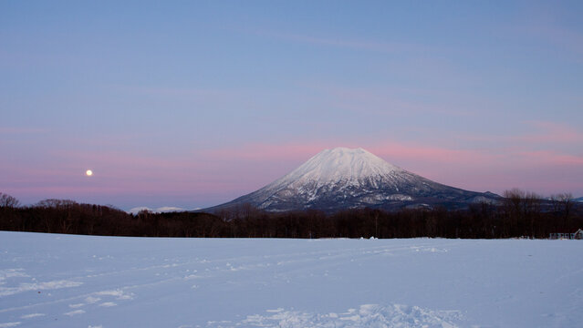 Scenic view of Mount Yotei in Shikotsu-Toya National Park, Hokkaido, Japan during sunset