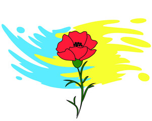 Red flower on yellow-blue background for postcard design, cover, poster