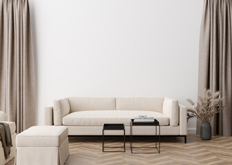 Empty white wall in modern living room. Mock up interior in contemporary, scandinavian style. Free, copy space for picture, poster, text, or another design. Sofa, table, pampas grass. 3D rendering.
