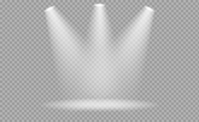 Vector spotlight set. Bright light beam. Transparent realistic effect. Stage lighting.