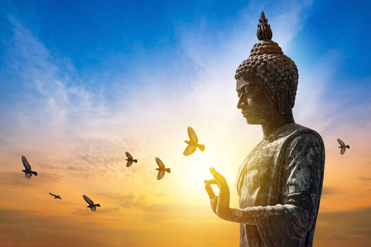 Buddha images belief in Buddhism, Big buddha statue on sunset sky