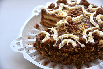 Black cake with nuts on a backing