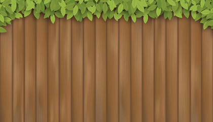 Wood background with green leaf frame,Vector illustration natural wild spring twigs climbing on brawn fence plank. Backdrob banner wooden board panel with fresh branches leaves border.