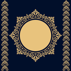 Decorative frame Elegant vector element for design in Eastern style, place for text. Floral golden and dark blue border. Lace illustration for invitations and greeting cards