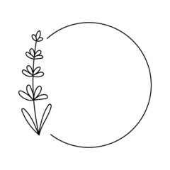 Circle frame linear logo with lavender. Space for text. Boho emblem. Bohemian sign. Editable stroke. Vector illustration