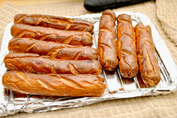 Air Fried Hotdogs on a Foil Covered Pan for Easy Clean-Up