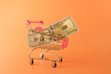 Empty grocery cart and 100 US dollars. Yellow background. Sanctions concept, food crisis