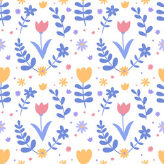 Seamless pattern with simple daisy flowers in pastel colors on a white background. Floral modern print for fabric, wallpaper, textile, wrapping.