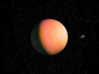 Realistic orange planet in space with asteroid and stars. Exoplanet from an alien star system. 