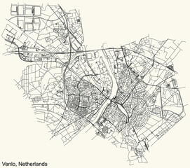 Fototapeta na wymiar Detailed navigation black lines urban street roads map of the Dutch regional capital city of VENLO, NETHERLANDS on vintage beige background