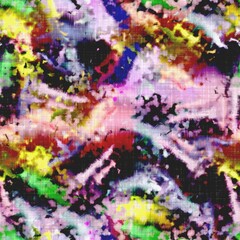 Messy summer tie dye batik beach wear pattern. Seamless colorful stain space dyed effect fashion. Washed out soft furnishing background. 