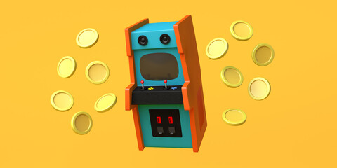 Retro arcade game machine with floating coins. Arcade room. Copy space. Gaming concept. 3D illustration.