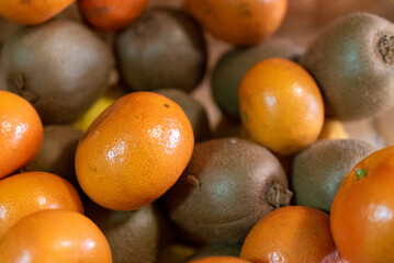 Closeup shot of fresh kiwi and mandarins