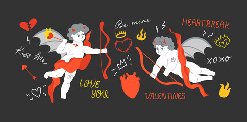 Set of vector antique renaissance cupids. Vector illustration of dark cupids with devil's elements and hearts. Flaming heart, heartbroken. Hand drawn lettering quotes. Be mine, love, kiss me etc.
