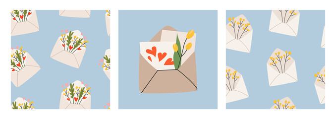 Set of spring patterns and illustration of envelope, flowers and hearts. Yellow tulips. Vector seamless background