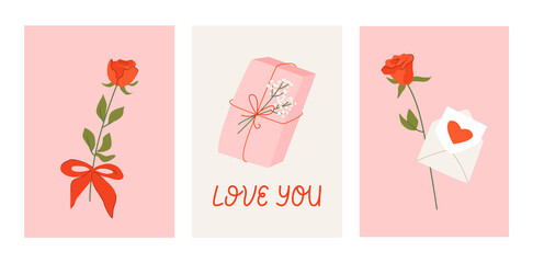 Fototapeta na wymiar Set of valentine's day greeting cards with vector illustrations and lettering. Roses, envelope and gift box. Romantic objects. Love you lettering