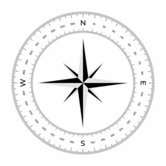 Vector illustration compass face scale isolated on white background. Circular protractor in flat style. Compass rose template. 360 degrees. North, South, East and West designation.