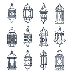 Linear arabian lamp or lantern, vector icon set. Silhouettes of moroccan or turkish light, contour clipart. Antique elments or vintage outline decor. Ramadan mubarak symbols. © Genzi