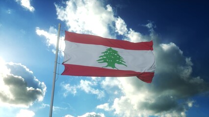 Flag of Lebanon waving at wind against beautiful blue sky. 3d rendering