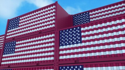 USA flag containers are located at the container terminal. American export or import concept. 3d rendering